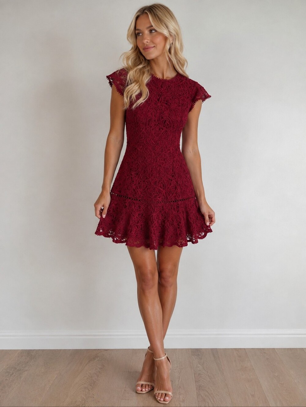 Women’s Lace Fit-and-Flare Dress in Deep Red